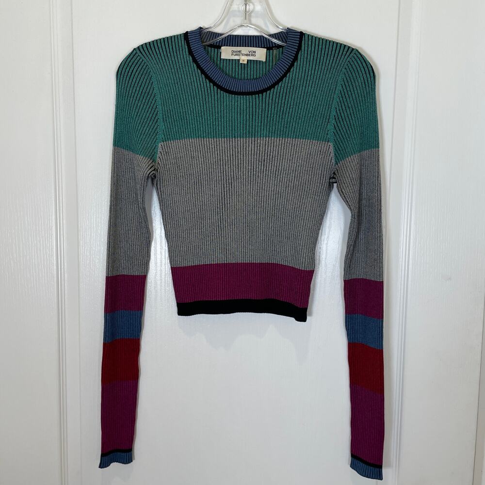 Diane Von Furstenberg Cropped Plaited Pullover Ribbed Ribbon Teal Gray‎ Purple M - Picture 2 of 5